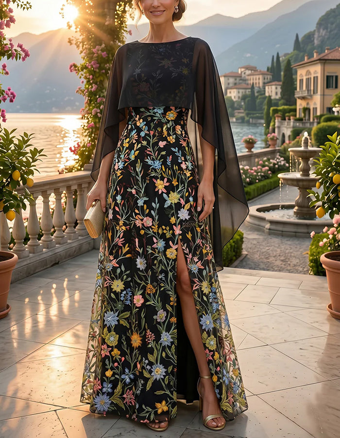 Black Shawl Style Embroidered Fabric With Slits Maxi Dress