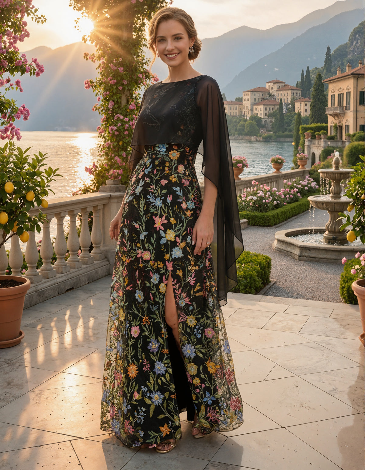 Black Shawl Style Embroidered Fabric With Slits Maxi Dress
