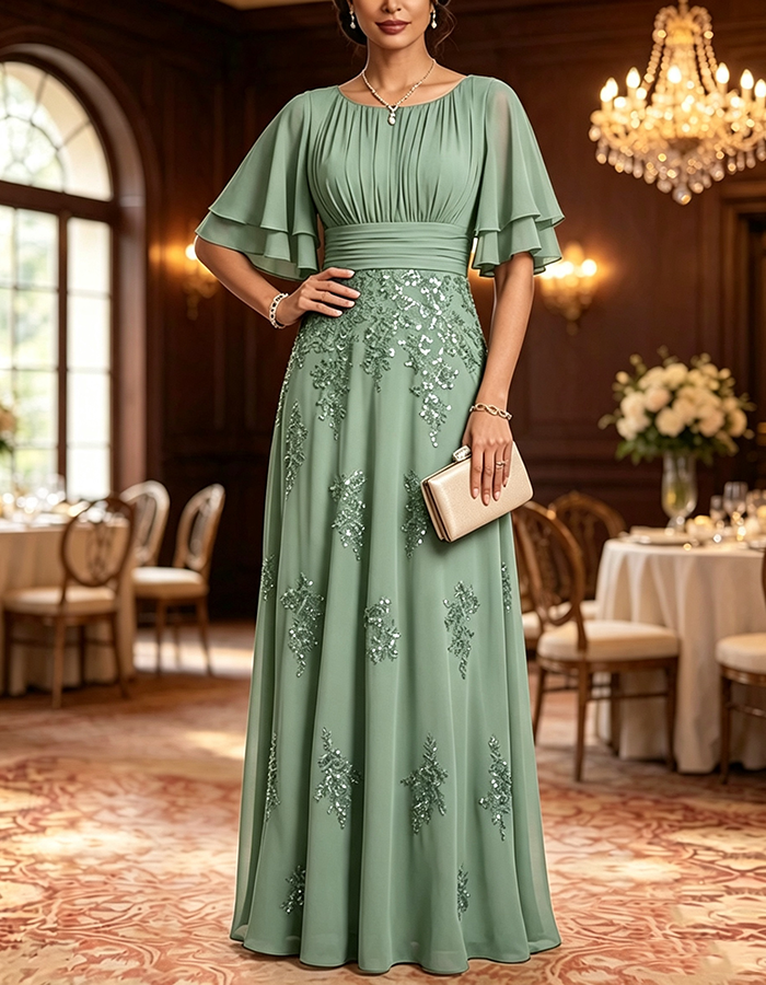 Navy Blue Round Neck Flutter Sleeve Chiffon Sequin Embellished A-Line Maxi Dress