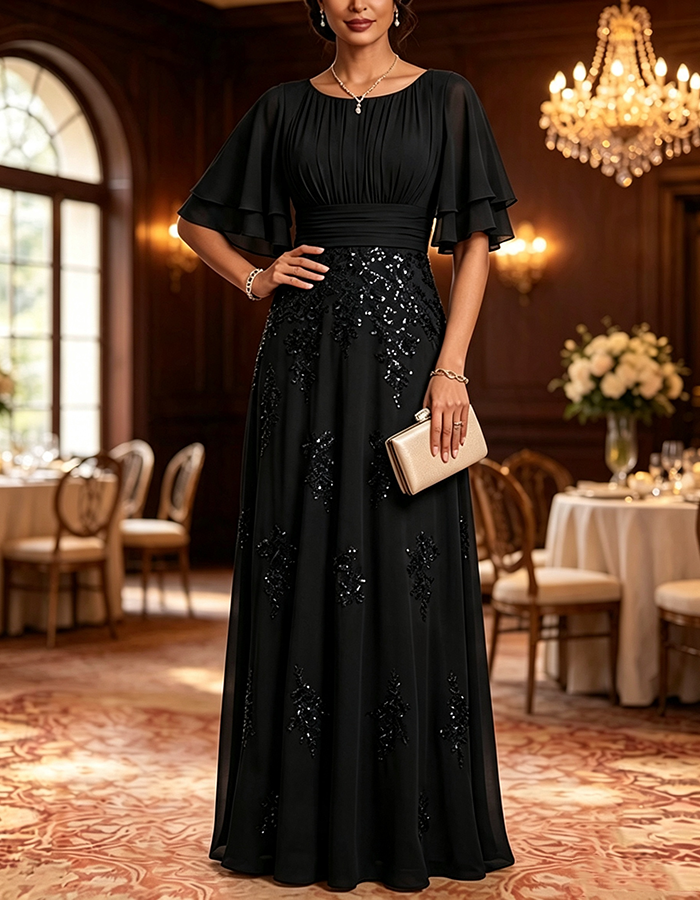 Navy Blue Round Neck Flutter Sleeve Chiffon Sequin Embellished A-Line Maxi Dress