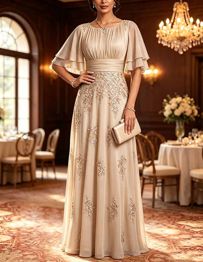 Navy Blue Round Neck Flutter Sleeve Chiffon Sequin Embellished A-Line Maxi Dress