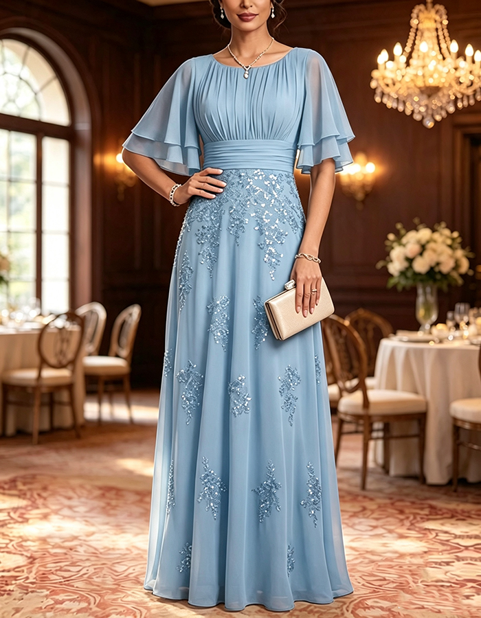 Navy Blue Round Neck Flutter Sleeve Chiffon Sequin Embellished A-Line Maxi Dress
