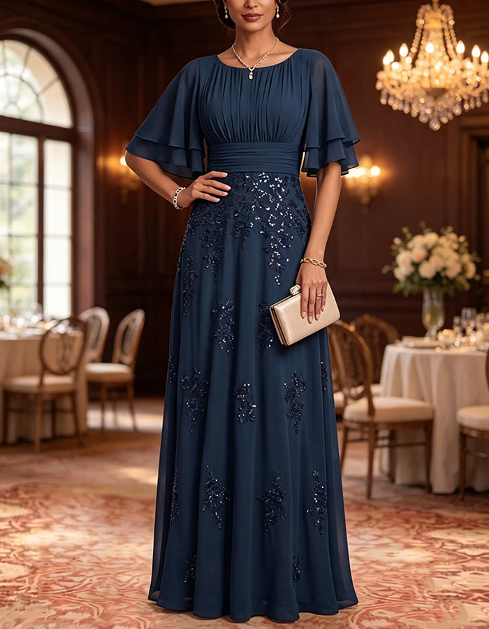 Navy Blue Round Neck Flutter Sleeve Chiffon Sequin Embellished A-Line Maxi Dress