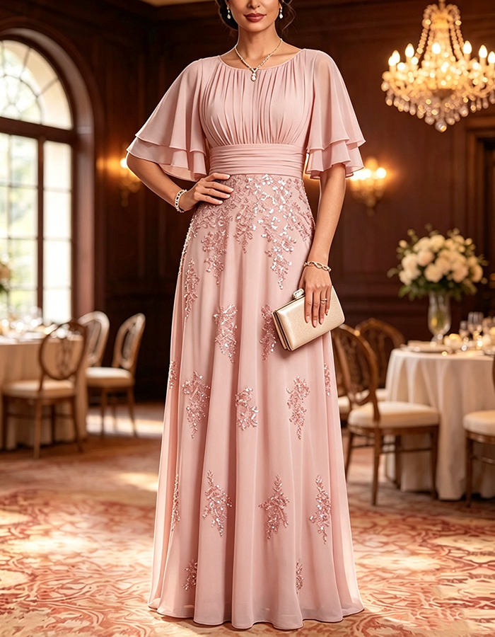 Navy Blue Round Neck Flutter Sleeve Chiffon Sequin Embellished A-Line Maxi Dress