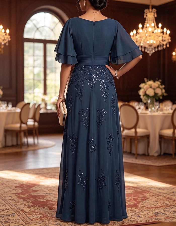 Navy Blue Round Neck Flutter Sleeve Chiffon Sequin Embellished A-Line Maxi Dress