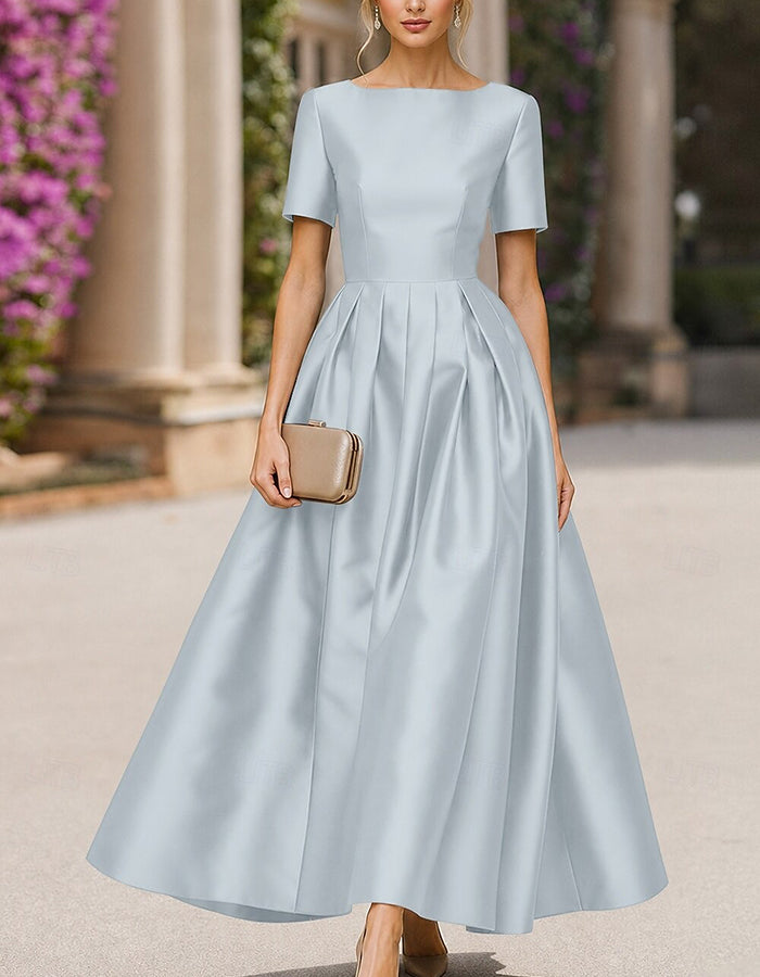 Satin Boat Neck Short Sleeve Pleated A‑Line Maxi Dress