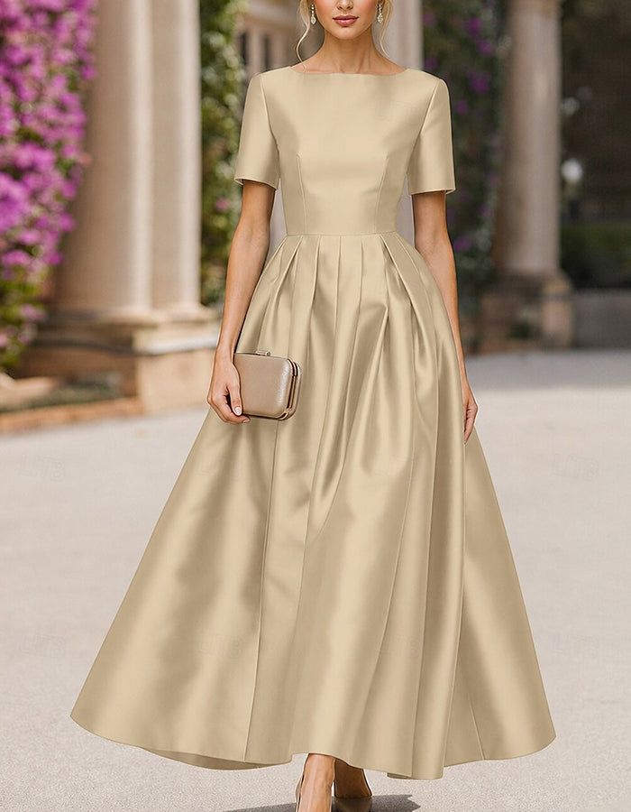 Satin Boat Neck Short Sleeve Pleated A‑Line Maxi Dress