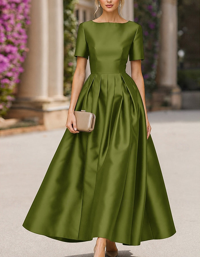Satin Boat Neck Short Sleeve Pleated A‑Line Maxi Dress