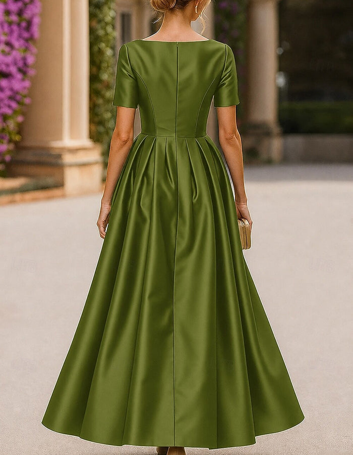 Satin Boat Neck Short Sleeve Pleated A‑Line Maxi Dress