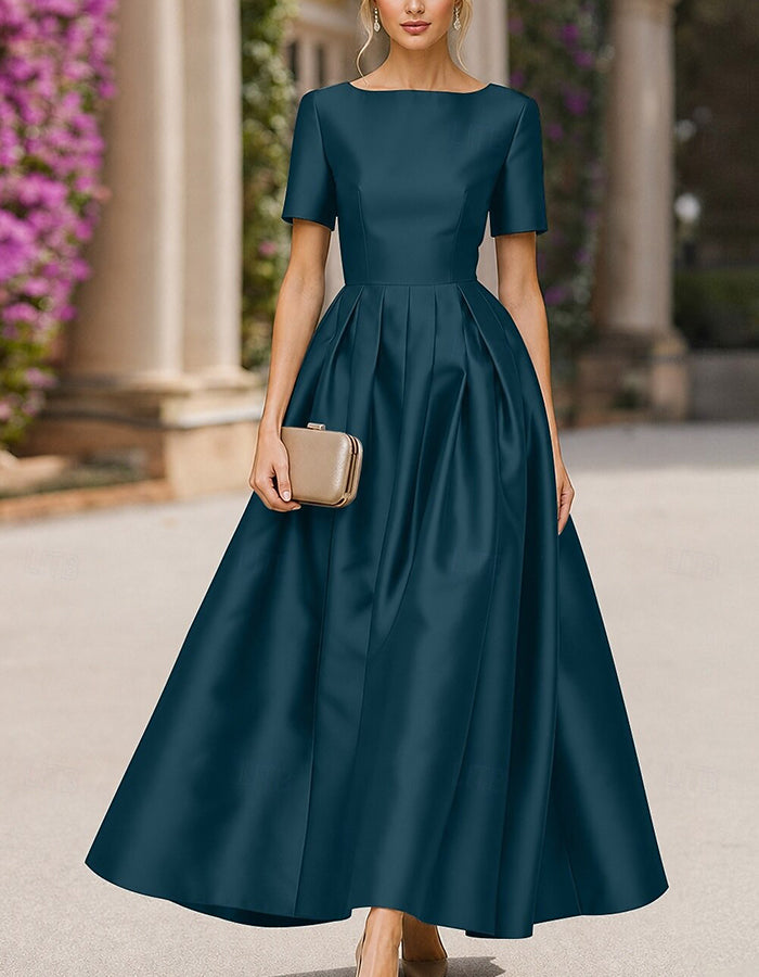 Satin Boat Neck Short Sleeve Pleated A‑Line Maxi Dress
