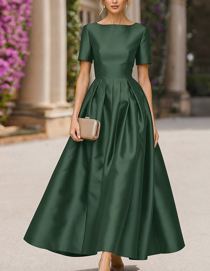 Satin Boat Neck Short Sleeve Pleated A‑Line Maxi Dress