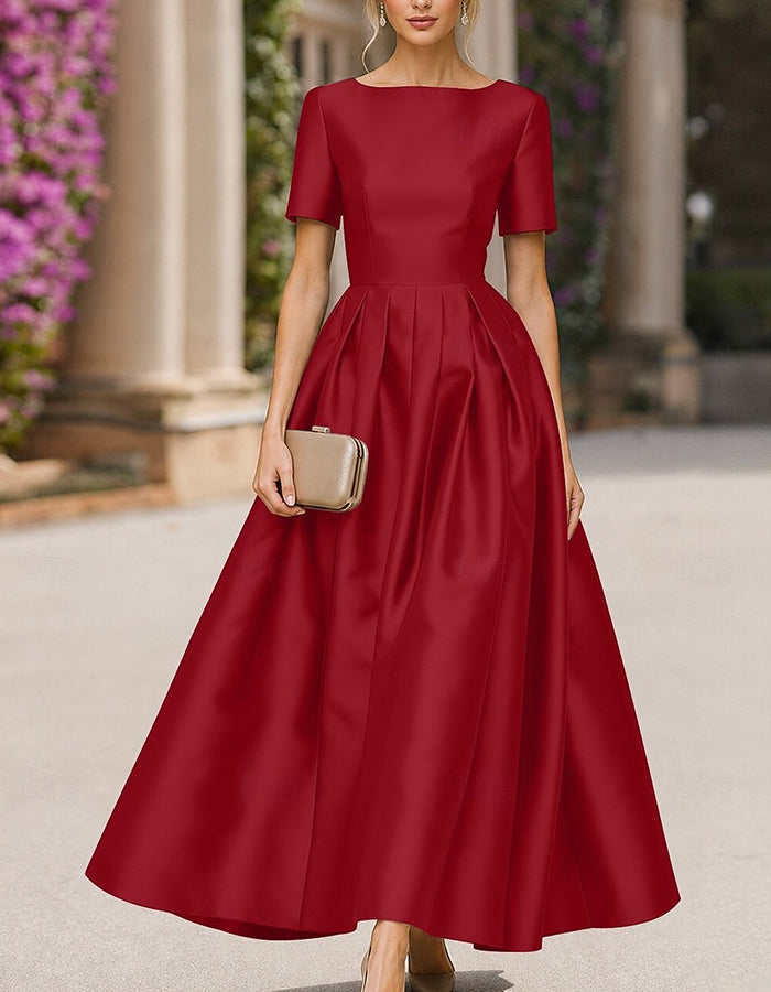 Satin Boat Neck Short Sleeve Pleated A‑Line Maxi Dress