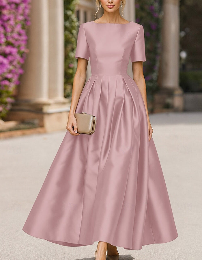 Satin Boat Neck Short Sleeve Pleated A‑Line Maxi Dress