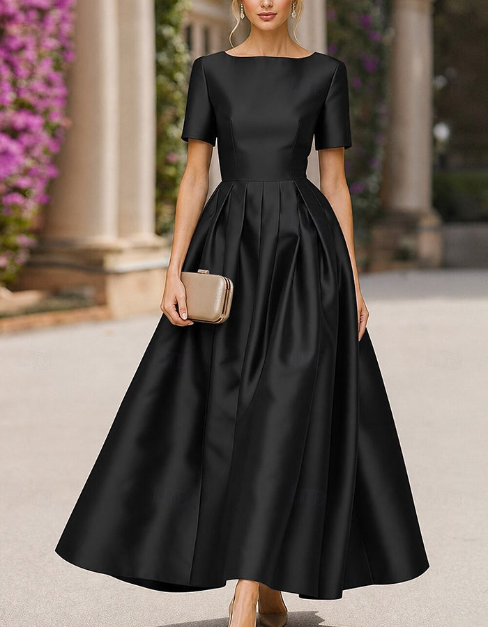 Satin Boat Neck Short Sleeve Pleated A‑Line Maxi Dress