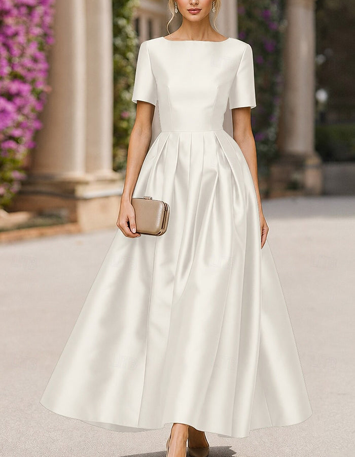 Satin Boat Neck Short Sleeve Pleated A‑Line Maxi Dress