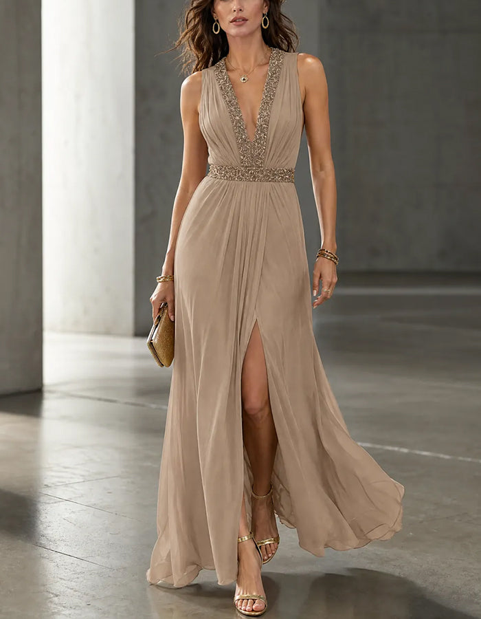 Tan V Sleeveless Sequin Waist Chiffon High Slit Maxi Dress