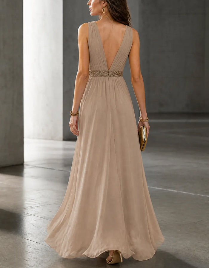 Tan V Sleeveless Sequin Waist Chiffon High Slit Maxi Dress