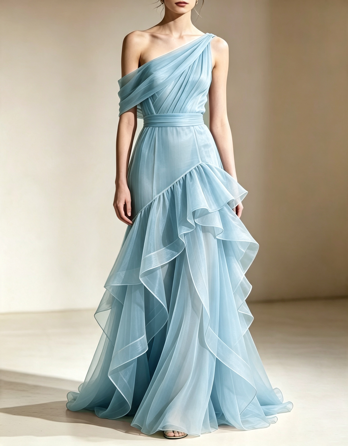 One‑Shoulder Tiered Organza Mermaid Evening Maxi Dress