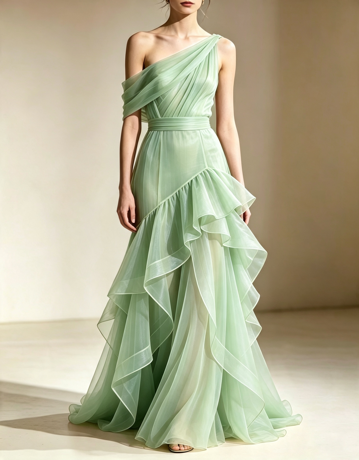One‑Shoulder Tiered Organza Mermaid Evening Maxi Dress