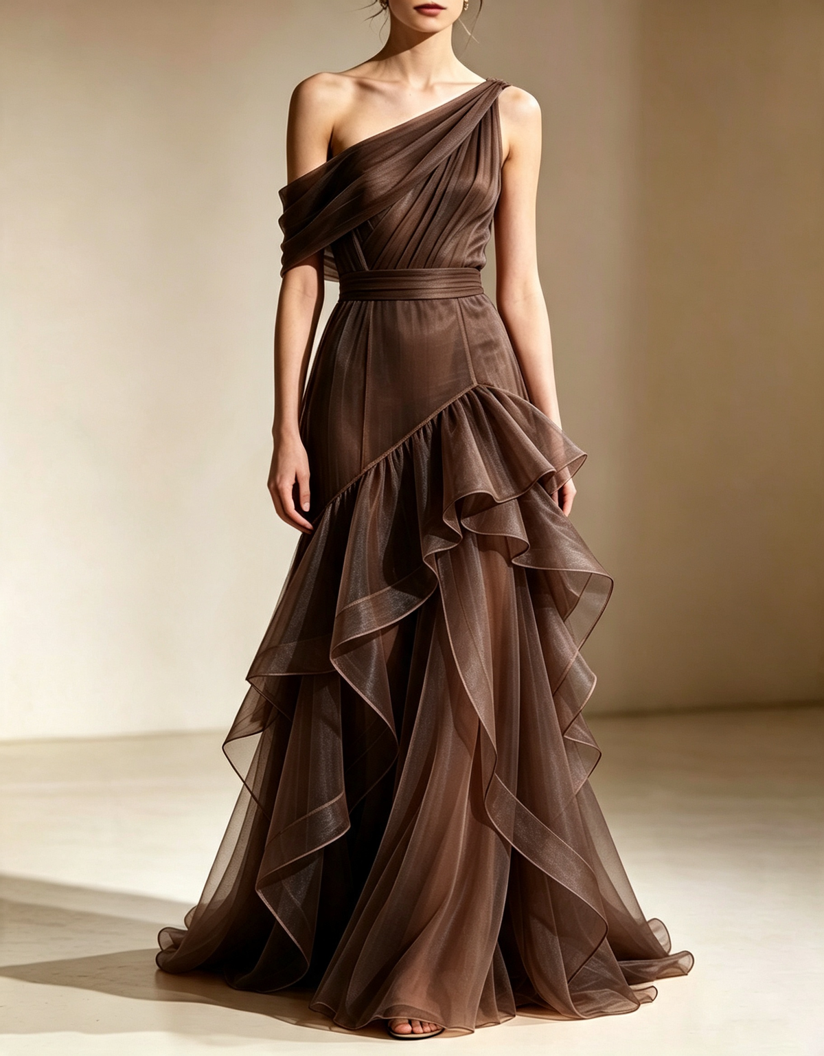 One‑Shoulder Tiered Organza Mermaid Evening Maxi Dress