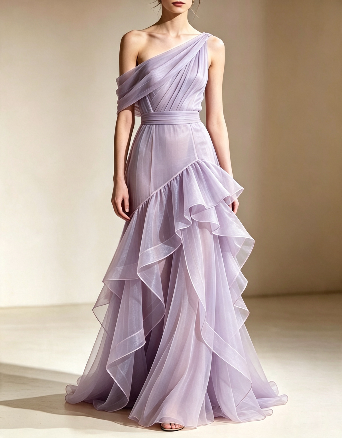 One‑Shoulder Tiered Organza Mermaid Evening Maxi Dress