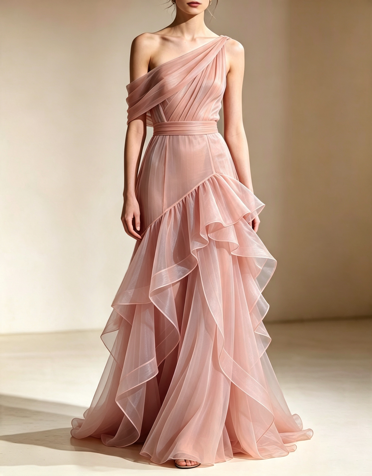 One‑Shoulder Tiered Organza Mermaid Evening Maxi Dress