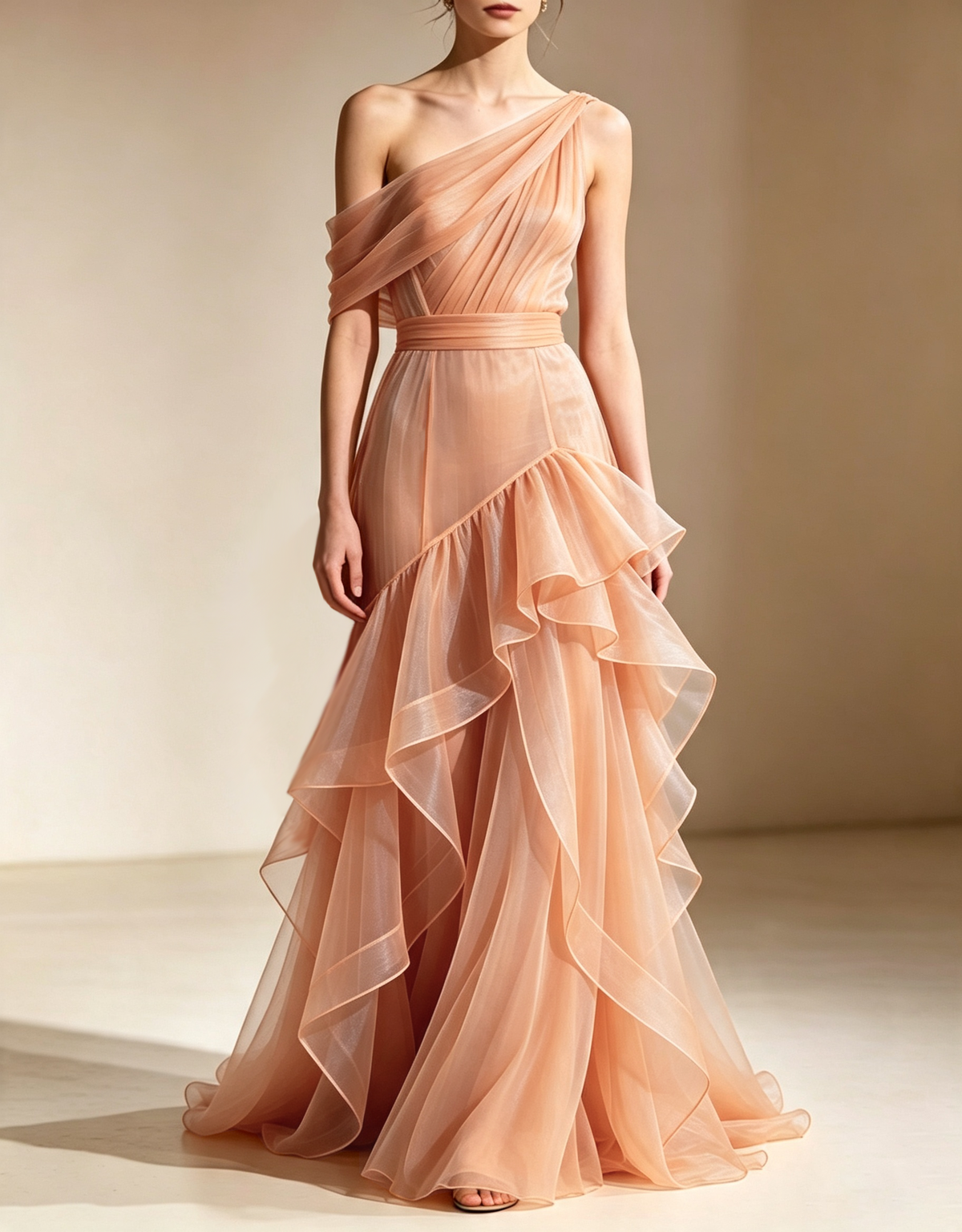 One‑Shoulder Tiered Organza Mermaid Evening Maxi Dress