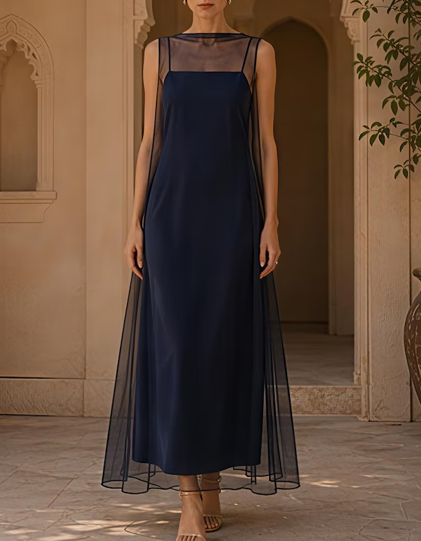 Cami Slip with Tulle Overlay 2‑Piece Evening Maxi Dress