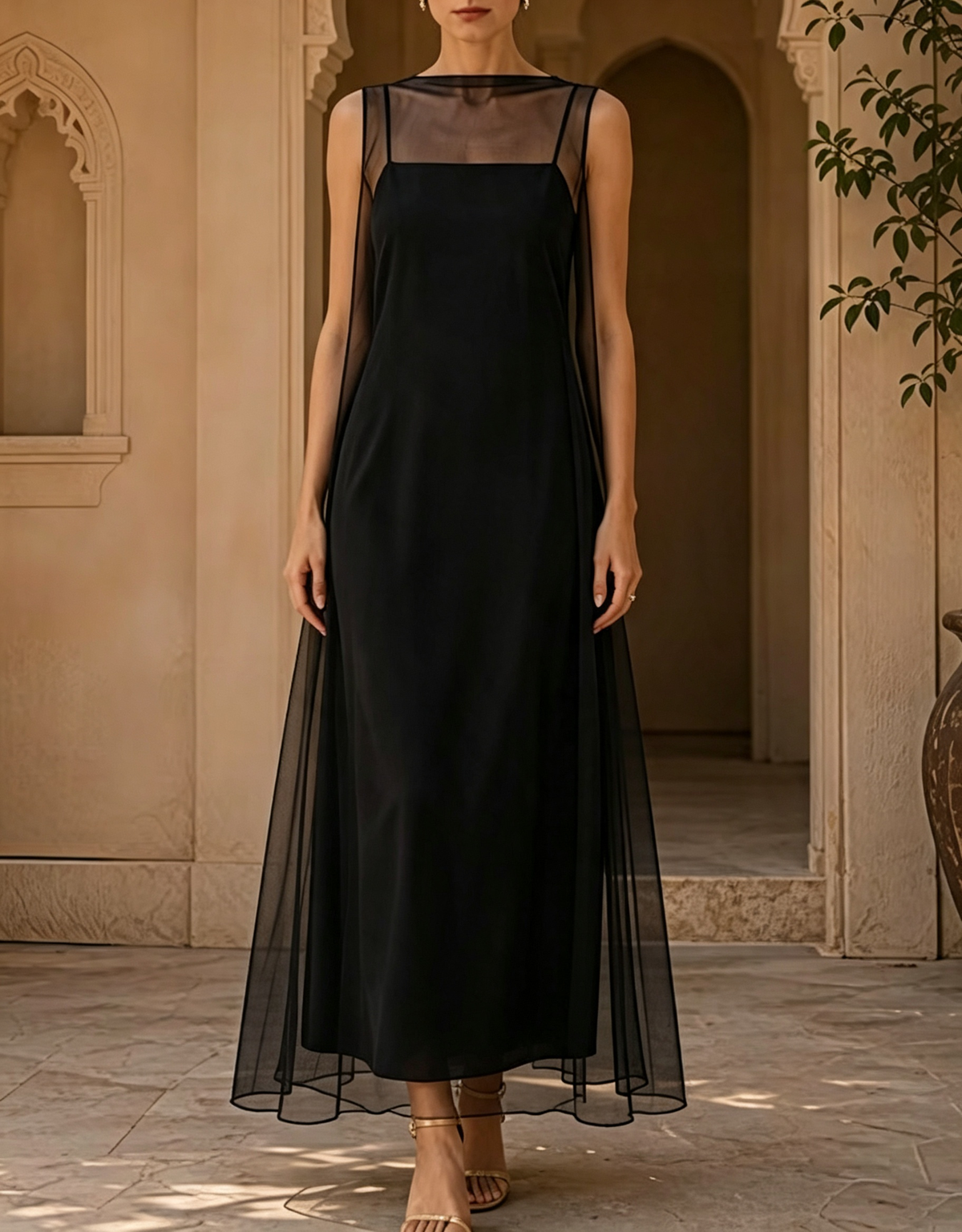 Cami Slip with Tulle Overlay 2‑Piece Evening Maxi Dress