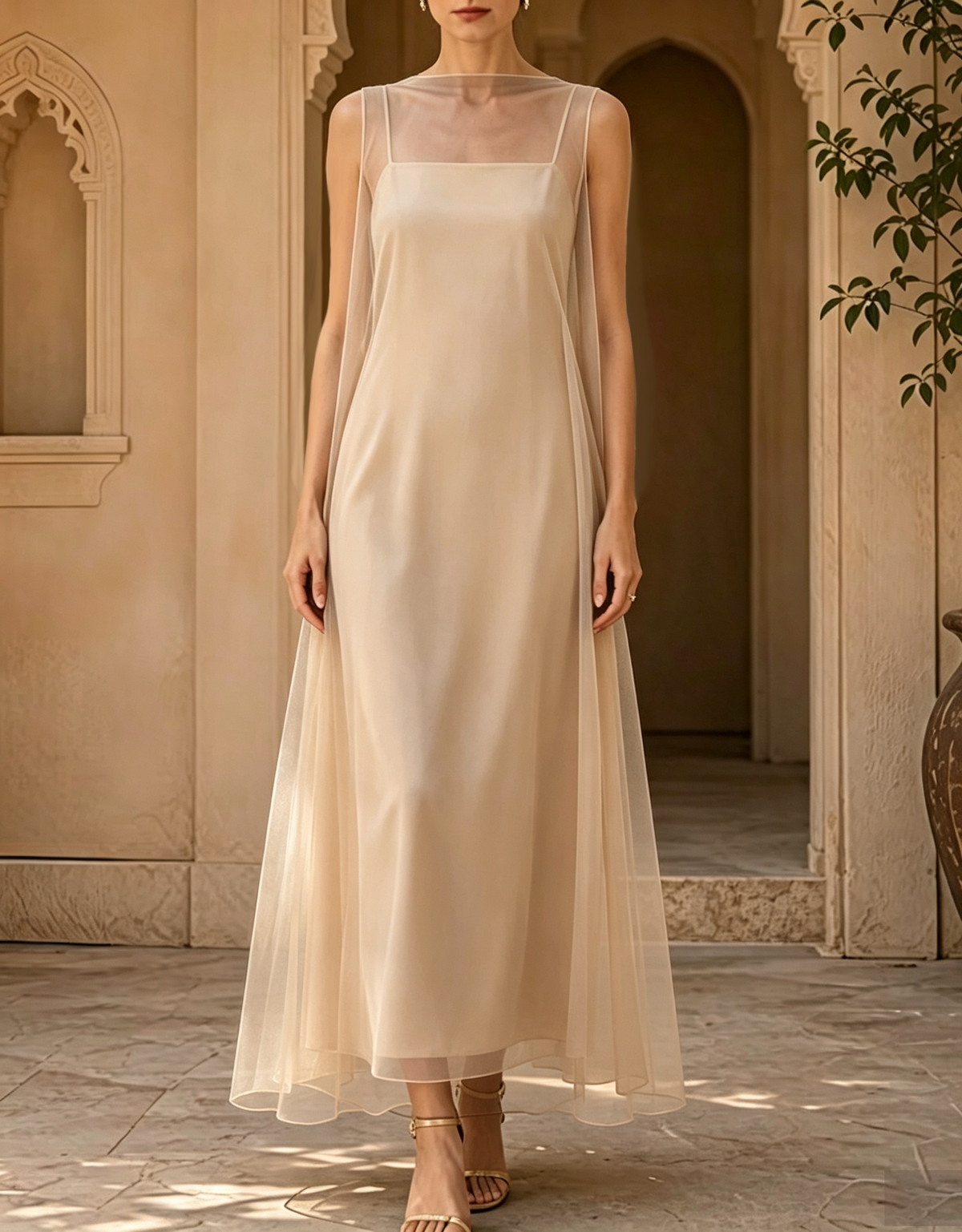 Cami Slip with Tulle Overlay 2‑Piece Evening Maxi Dress
