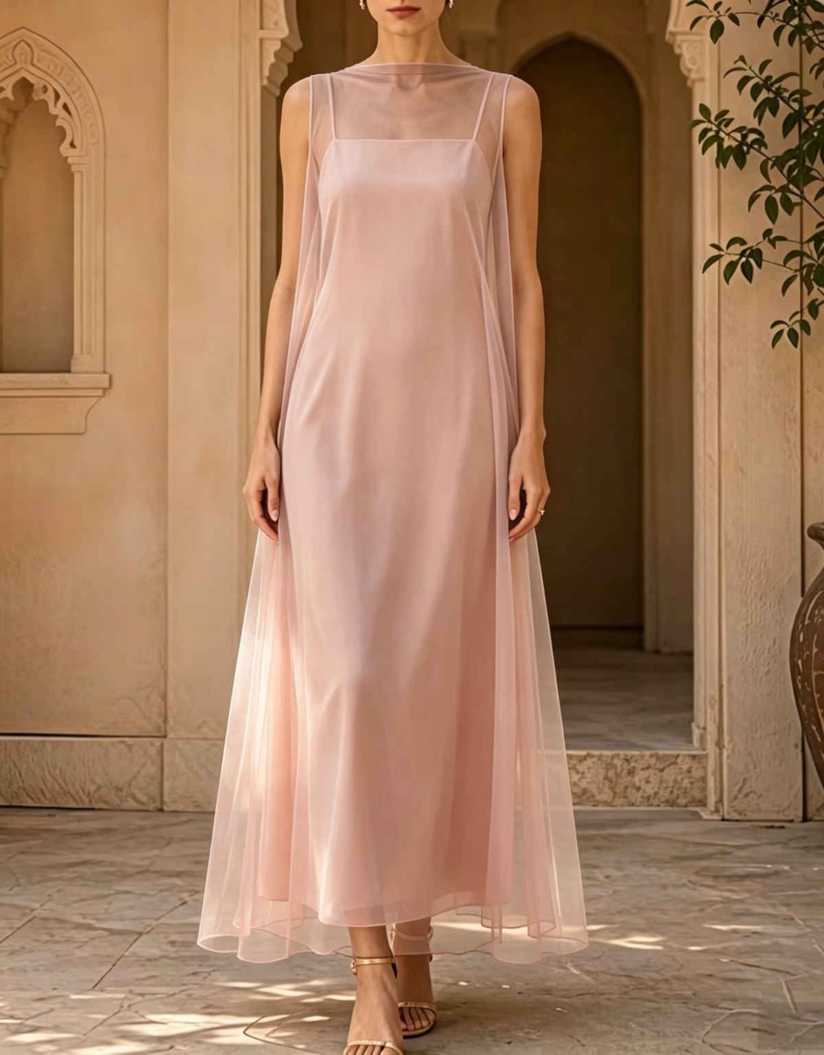 Cami Slip with Tulle Overlay 2‑Piece Evening Maxi Dress