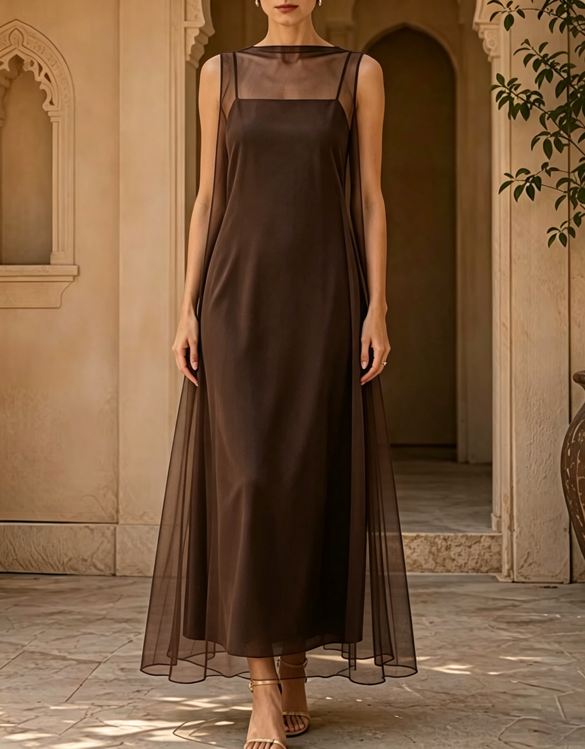 Cami Slip with Tulle Overlay 2‑Piece Evening Maxi Dress