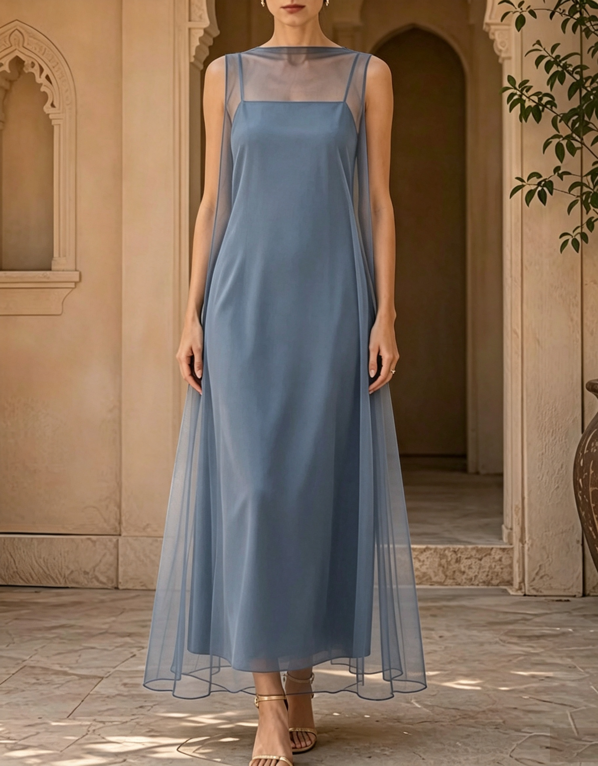 Cami Slip with Tulle Overlay 2‑Piece Evening Maxi Dress