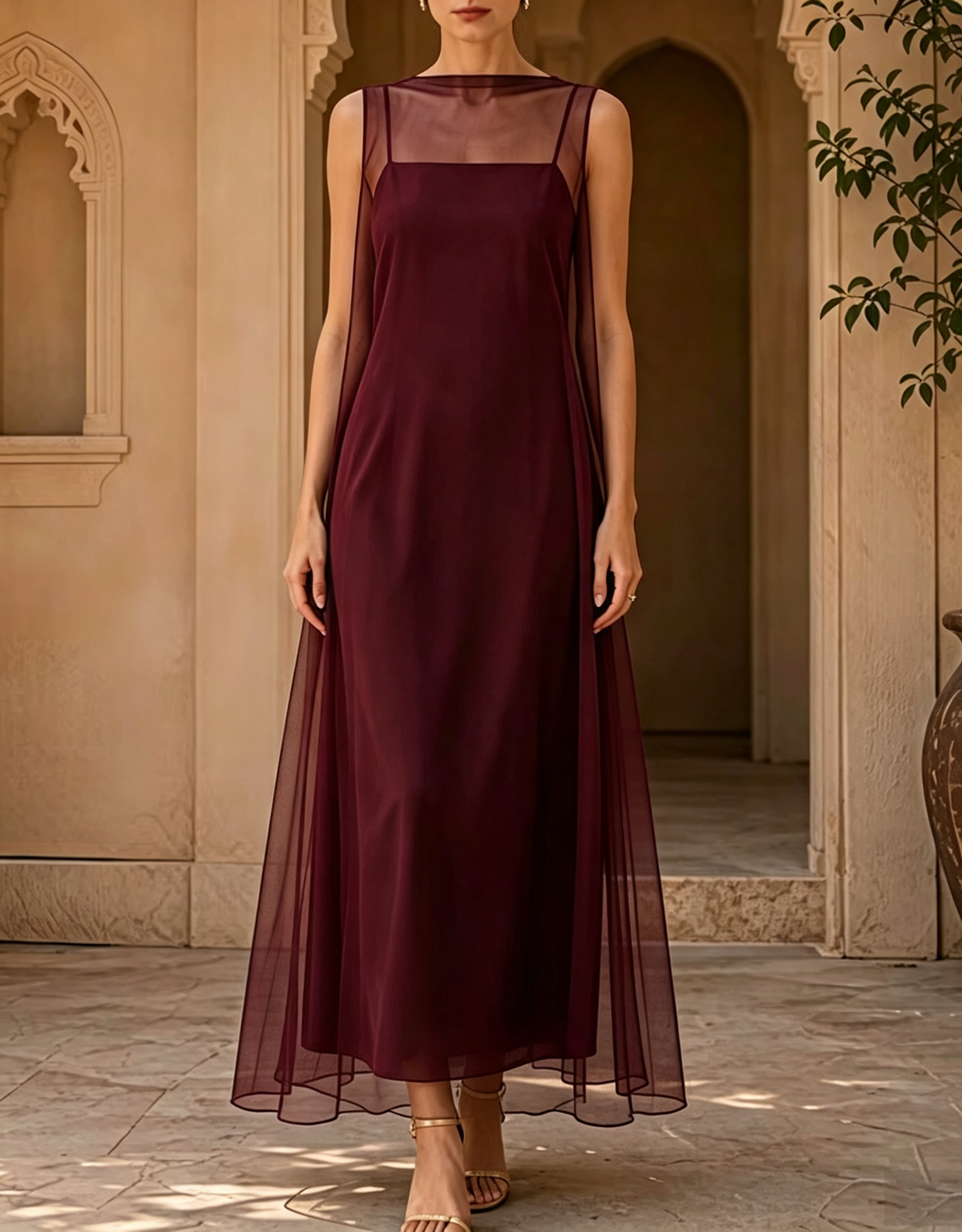 Cami Slip with Tulle Overlay 2‑Piece Evening Maxi Dress
