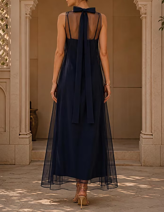 Cami Slip with Tulle Overlay 2‑Piece Evening Maxi Dress