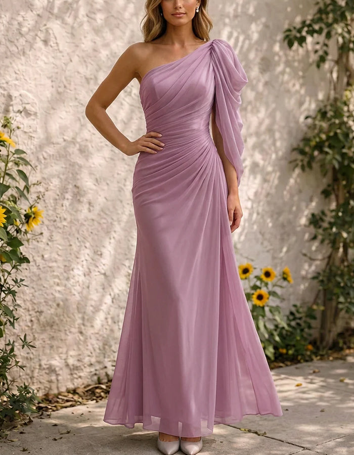 One‑Shoulder Draped Sleeve Ruched Chiffon Maxi Dress
