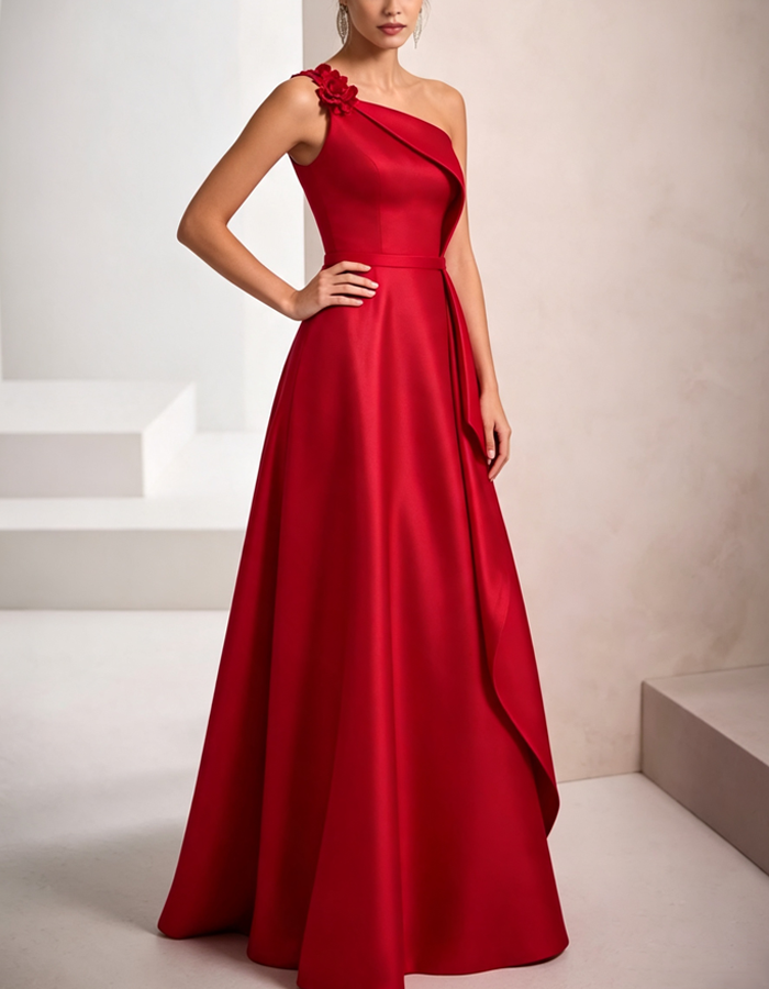 One-Shoulder Satin A-Line Evening Maxi Dress