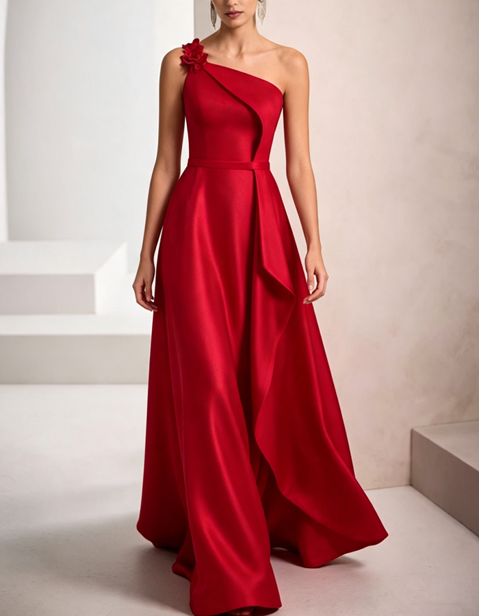 One-Shoulder Satin A-Line Evening Maxi Dress