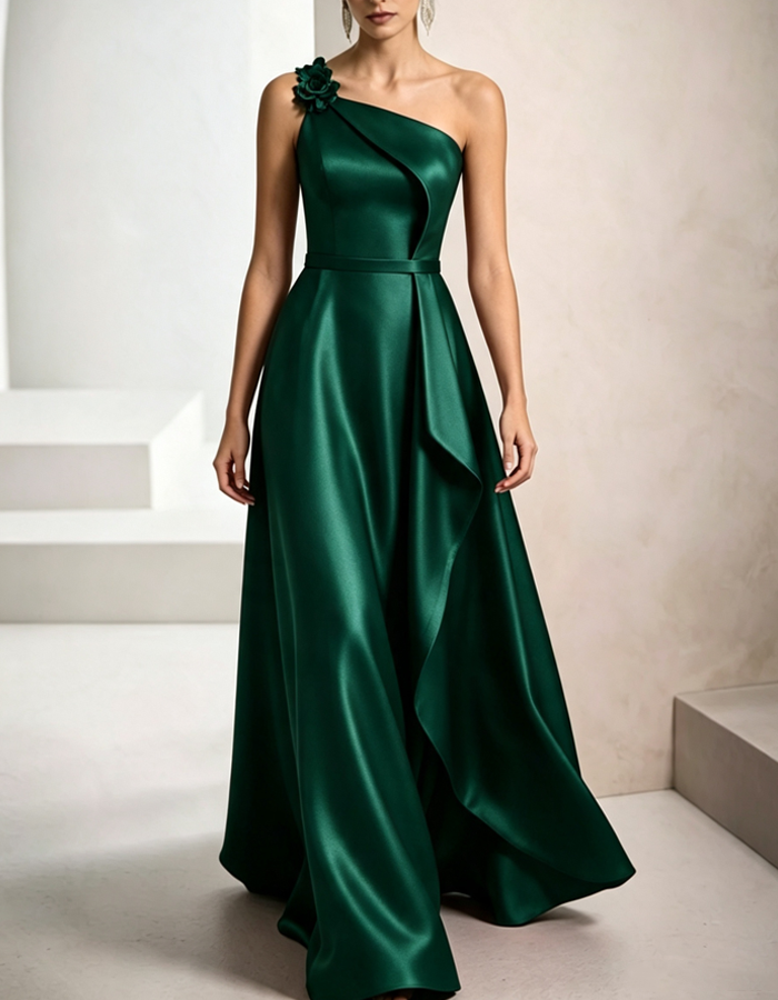 One-Shoulder Satin A-Line Evening Maxi Dress