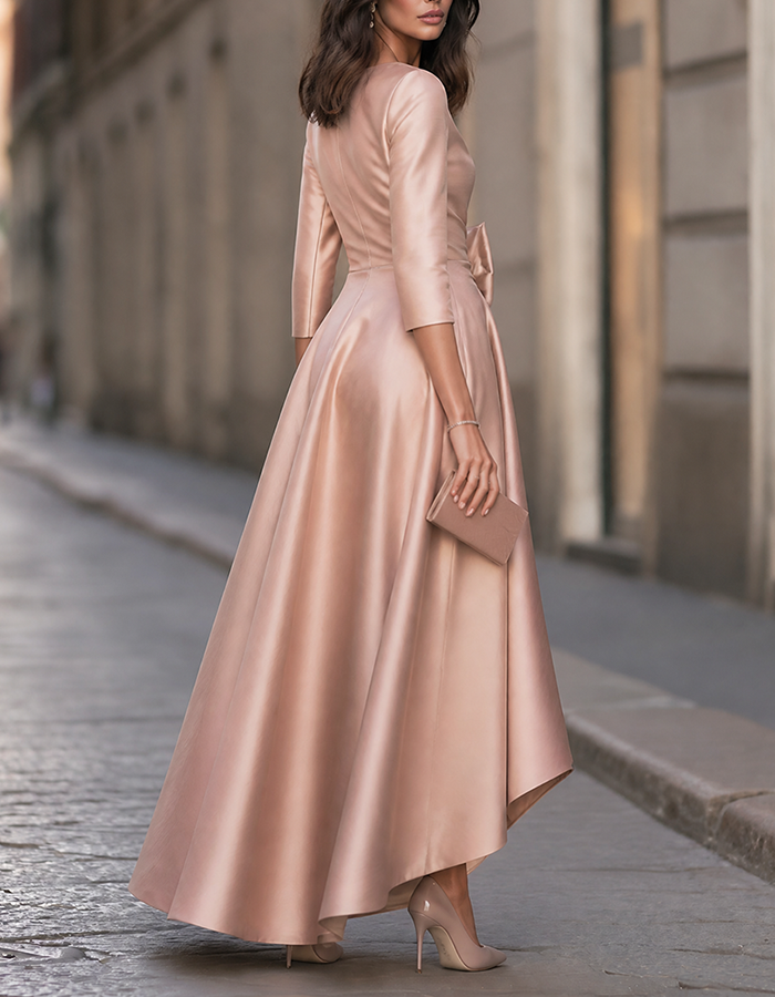 Champagne Boat Neck Bow Detail Satin High-Low A-Line Maxi Dress