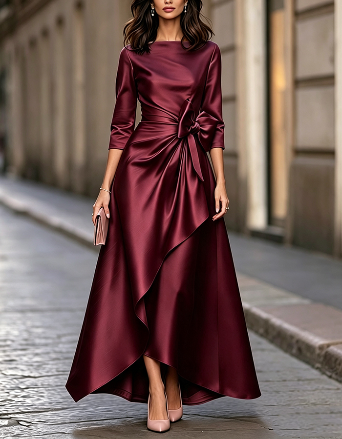 Champagne Boat Neck Bow Detail Satin High-Low A-Line Maxi Dress