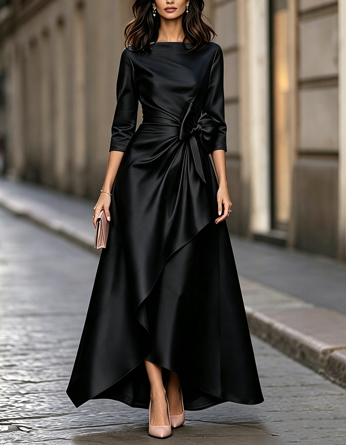 Champagne Boat Neck Bow Detail Satin High-Low A-Line Maxi Dress