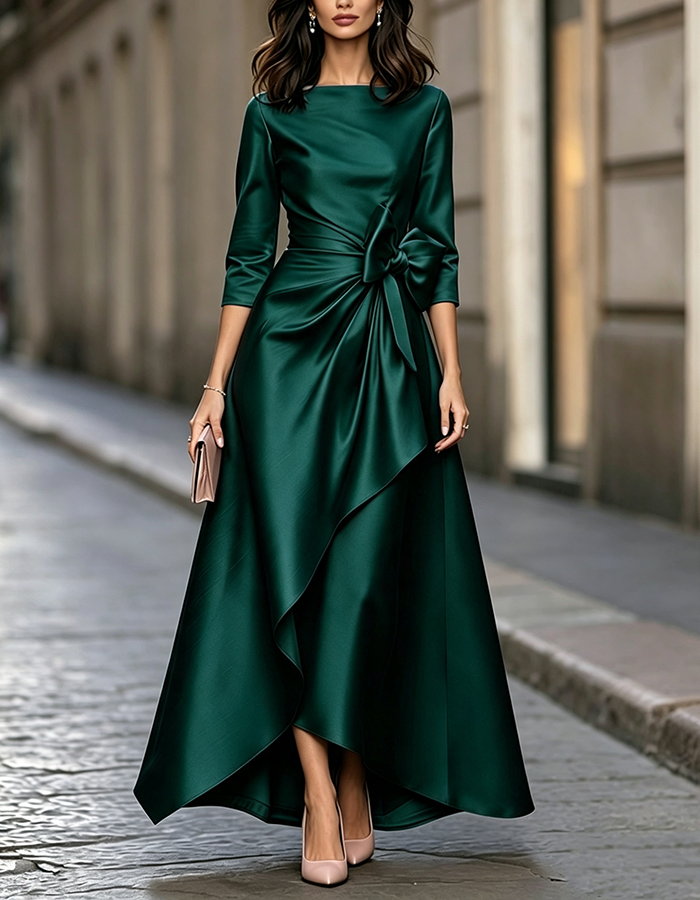 Champagne Boat Neck Bow Detail Satin High-Low A-Line Maxi Dress