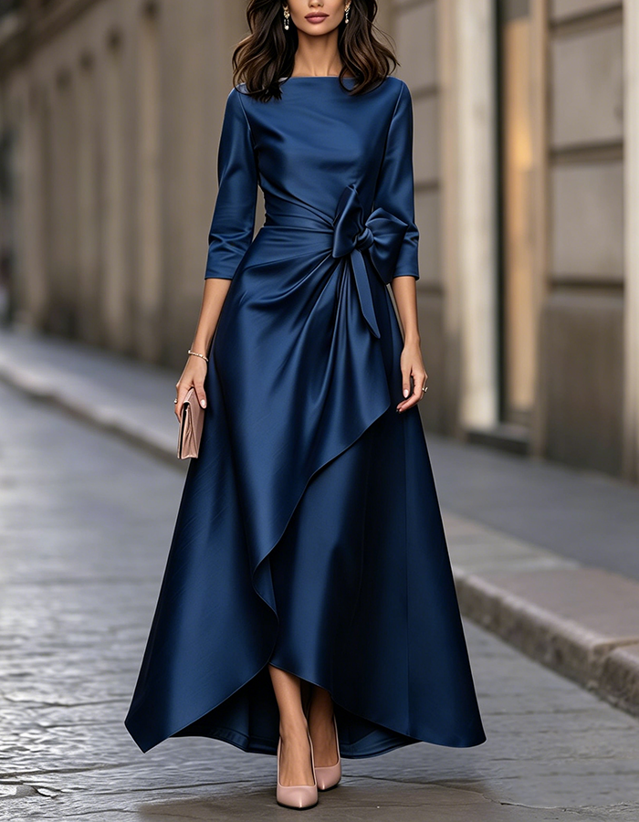 Champagne Boat Neck Bow Detail Satin High-Low A-Line Maxi Dress