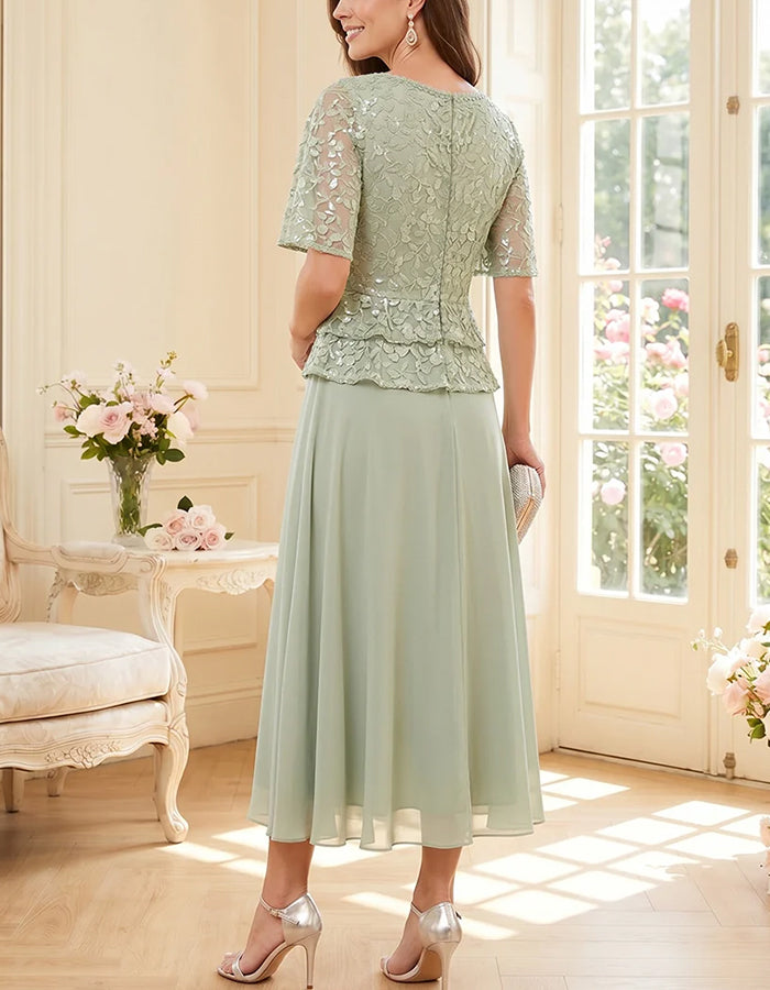 Round Neck Lace Sequin Chiffon Flowy Midi Dress