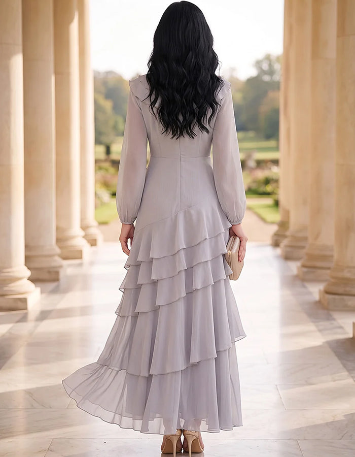 V-Neck Ruffle Long Sleeve Tiered Chiffon Maxi Dress