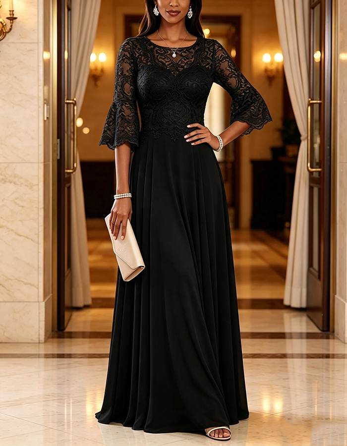Sage Green Round Neck Bell Sleeve Lace Chiffon A-Line Maxi Dress