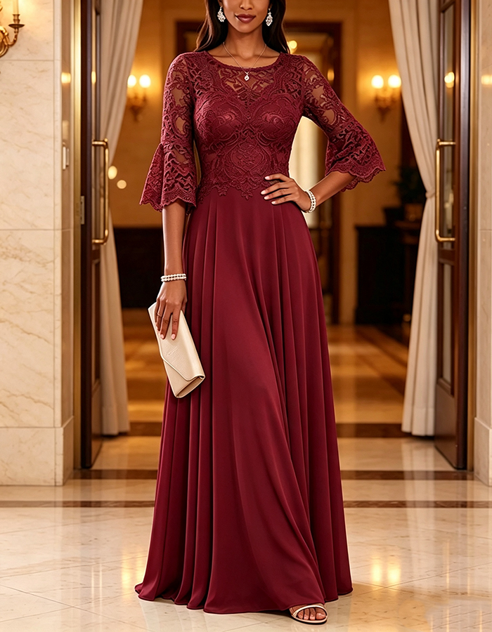 Sage Green Round Neck Bell Sleeve Lace Chiffon A-Line Maxi Dress