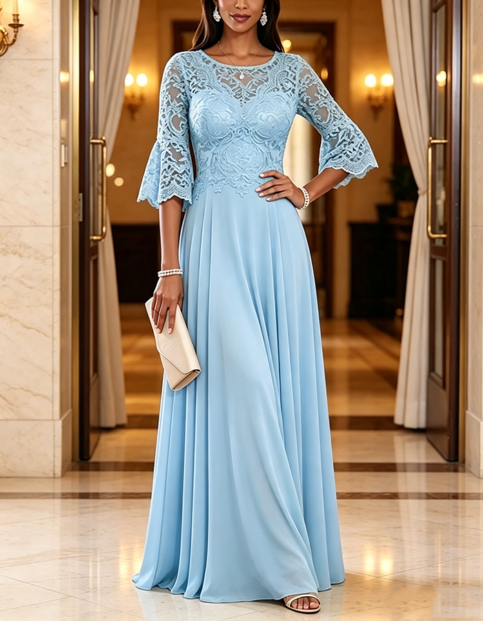 Sage Green Round Neck Bell Sleeve Lace Chiffon A-Line Maxi Dress