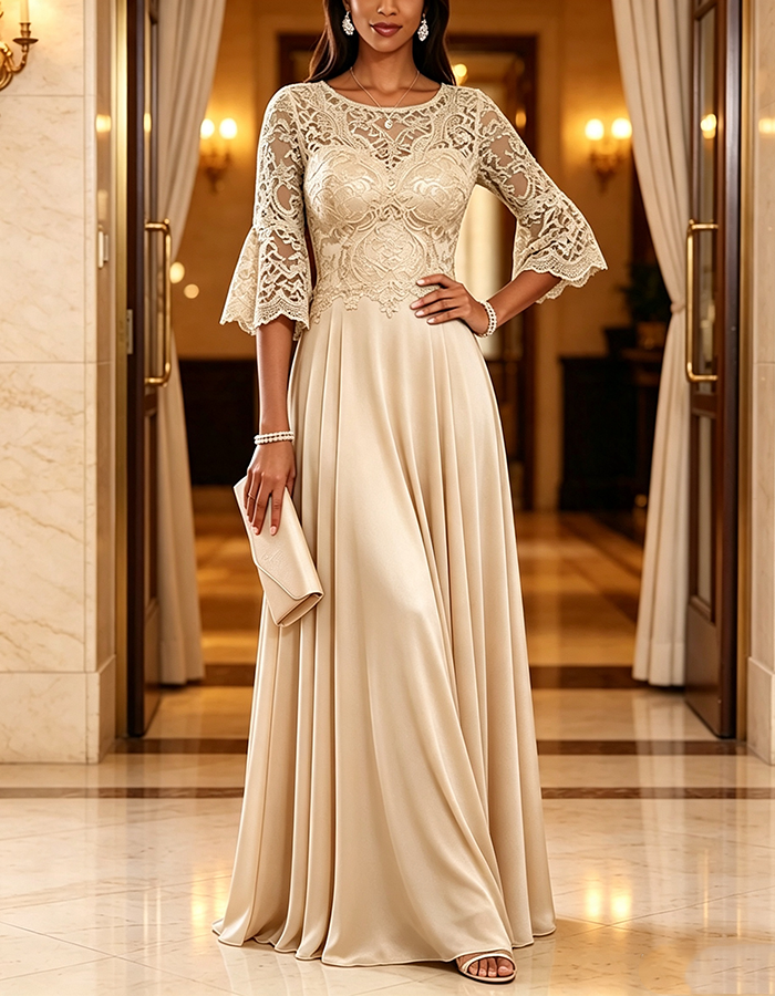Sage Green Round Neck Bell Sleeve Lace Chiffon A-Line Maxi Dress
